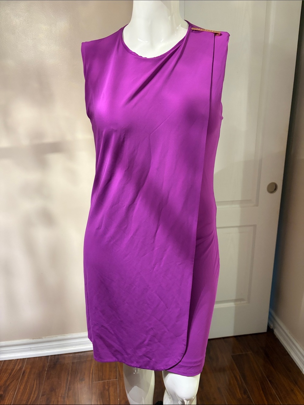 Sleeveless Purple Shift Dress with Draped Front Size UK 5